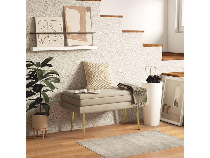 HOMCOM Banc Coffre Velours Pieds Acier Beige Doré