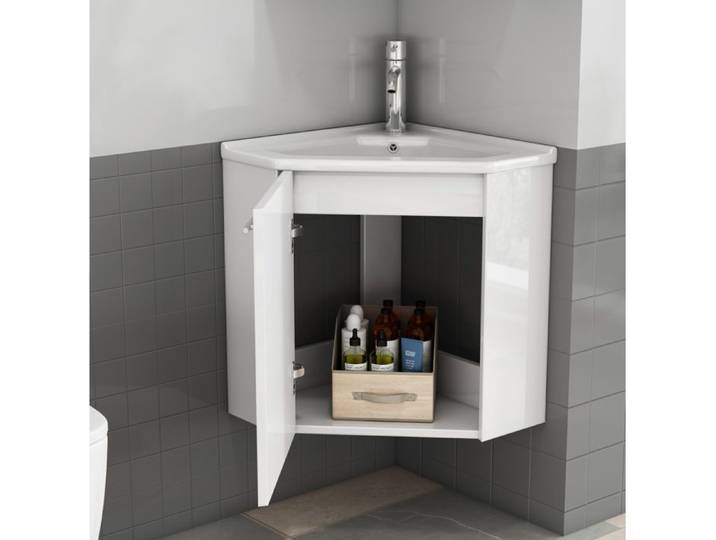MEULVA Meuble sous vasque d'angle blanc brillant avec vasque céramique intégrée