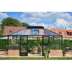 Juliana Gewächshaus Grand Oase anthrazit - 3 mm Sicherheitsglas - für Mauer - 18,8 m2 3,68 x 5,11 m - 18,8 m2 (Gr. 2) 3 mm Sicherheitsglas anthrazitgrau/Schwarz
