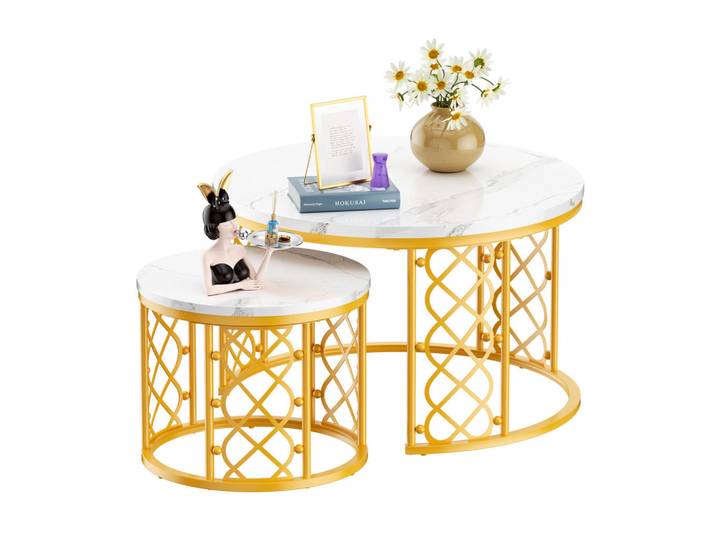 Modfu Couchtisch 2-teiliges Set 70x70x45 cm und 45x45x37 cm Weiß und Gold Stapelbar mit Stahlrahmen, Goldfarben, 70x45x70 cm, Wohnzimmer, Wohnzimmertische, Couchtische