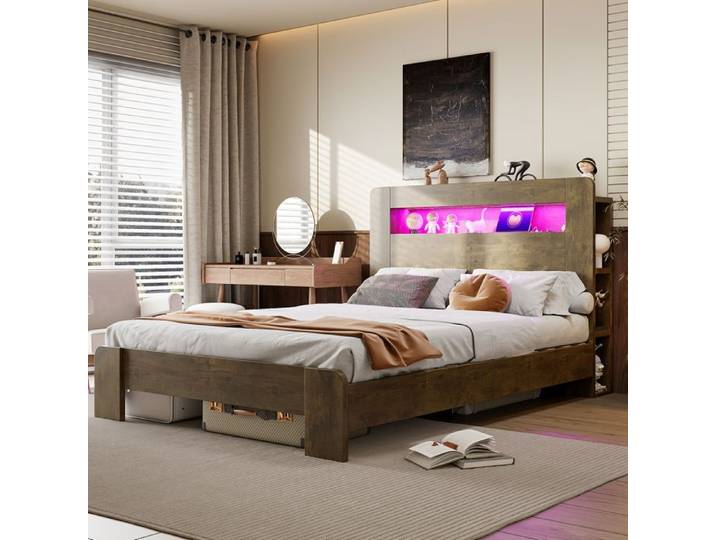 Lit double - ZEVKOR - 140×200 cm - Tête de lit rangement - LED intégrée - Prises intégrées