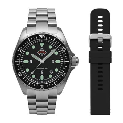 Automatikuhr RUHLA "NVA Kommando Minentaucher", silber (silberfarben, schwarz, schwarz), Armbanduhren, Herren, silberfarben, Automatikuhr, Herrenuhr, Datum, Leuchtzeiger, Saphirglas, Made in Germany