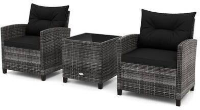 Costway 3 Pieces Outdoor Wicker Conversation Set with Tempered Glass Tabletop-Black