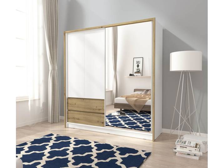 Designer Kleiderschrank Silas – Weiß - Eiche mit Spiegeltür - Luxusbetten24