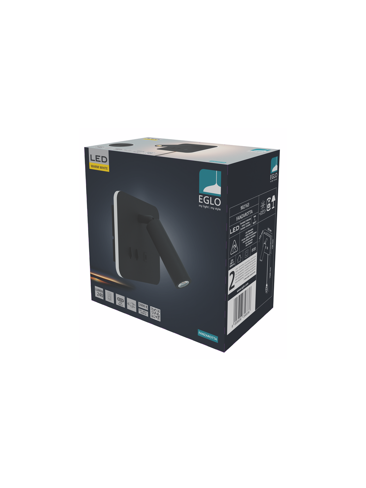 EGLO FANZAROTTA 1 SPOT 4-KANT H145 M/AFBR.+ USB-C SCHWARZ