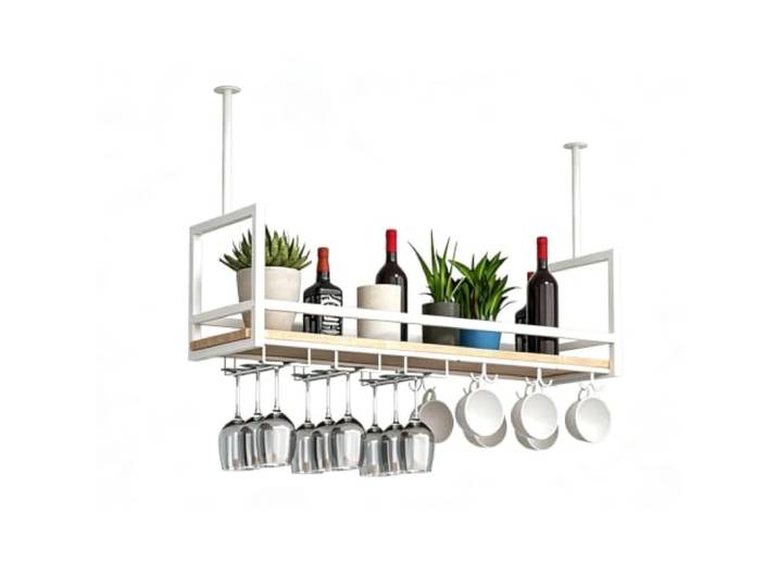 Einstöckiges Decken-Weinregal für die Küche, das Restaurant, die Bar Industrielles schwimmendes Weinflaschenregal mit Leitplanke und Stielglashalter(White,L80xW30cm)