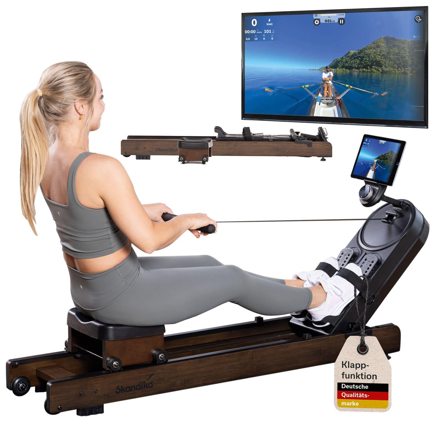 Skandika Rudergerät Rovek | Rudermaschine Holz, Rudergerät für Zuhause klappbar, Magnetwiderstand mit 32 Stufen, Kinomap App kompatibel, aufstellbar