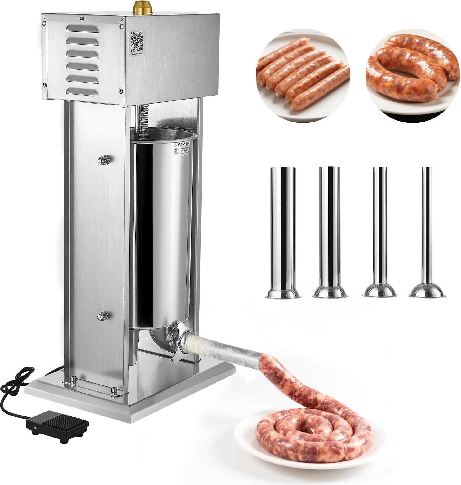Wurstfüller - Elektrische Wurstfüllmaschine - Kapazität 15 l - Stufenlose Geschwindigkeitsregelung - Fußpedal - Edelstahl - 4 Füllrohre - Leicht zu reinigen