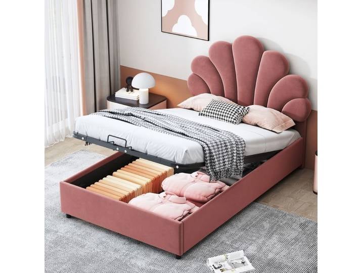 lit enfant - SOGEU - lit cabane enfant - 90x200 - velours rose - rangement hydraulique