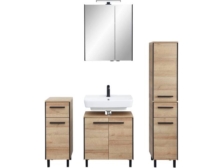 Badmöbel-Set SAPHIR Quickset 395 4-teilig, Waschbeckenunterschrank mit LED-Spiegelschrank , braun, Riviera Eiche quer Nachbildungmit schwarzem L-Profil vorne, Kastenmöbel-Sets, Badmöbel-Set, Unterschrank, Midischrank, inkl. Türdämpfer, 7 Türen, 2 Schubladen