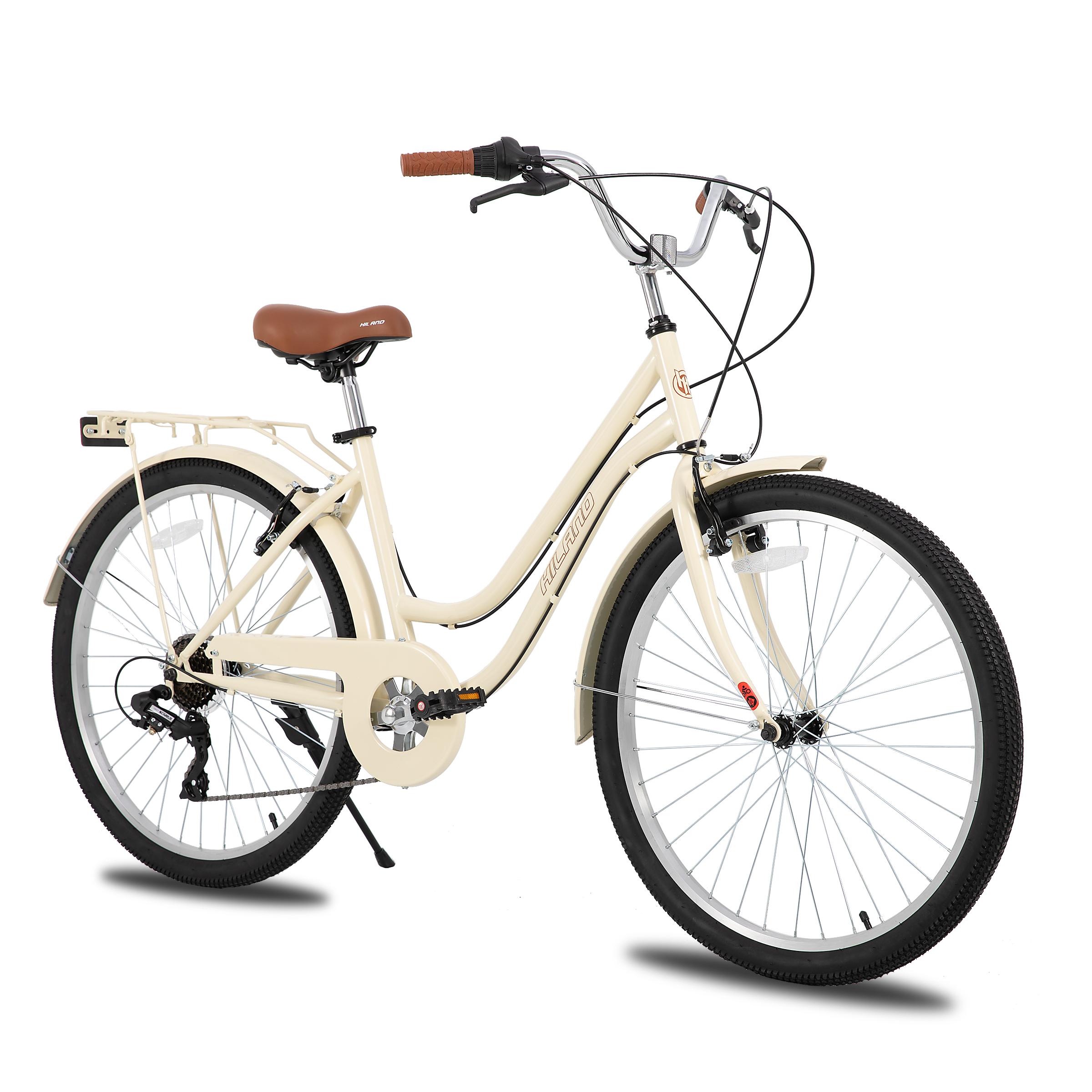 Hiland 26 Zoll 7 Gang Pendler Stadtfahrrad für Männer und Frauen, Step-Through Rahmen Cityräder für Erwachsene mit Gepäckträger, Fender