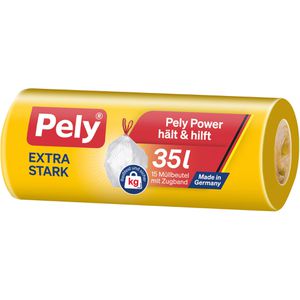 Pely Müllbeutel Extra Stark, 54030245, 35 Liter, mit Zugband, transparent, 15 Stück