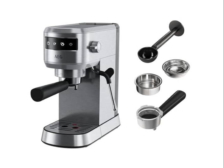 AEG EC6-1-6ST Espresso Siebträgermaschine/schmales Design/Thermoblock Technologie / 15 bar / 3 Einsätze für 1-2 Tassen & ESE Pads/Touch Bedienfeld/Milchschaumdüse / 1 l Wassertank/Edelstahl