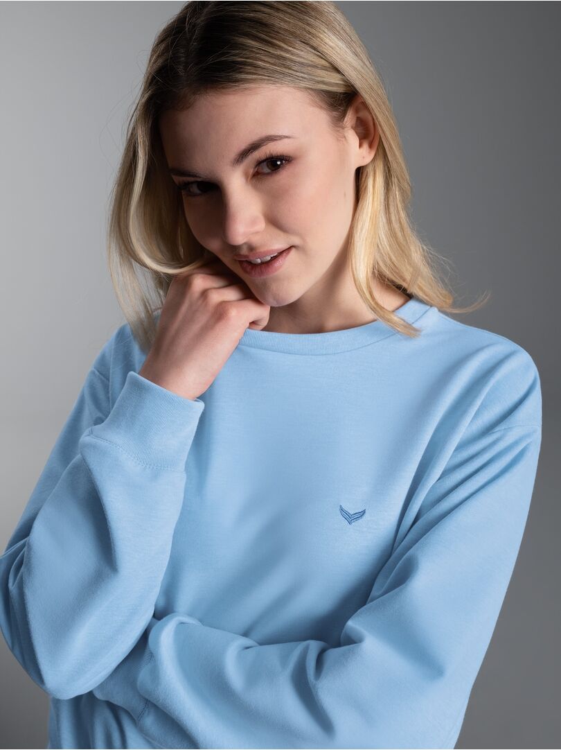 Sweatshirt TRIGEMA "TRIGEMA Dünnes Sweatshirt", Damen, Gr. S, iceblau, melange, Sweatware, 50% Baumwolle, 50% Polyester, Basic, Rundhals, Sweatshirts Sweatshirt