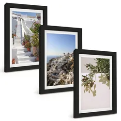 BILDER SET 3er Set - 20x30 cm Schwarzer Rahmen - Weiße Treppe mit Blick auf Santorini