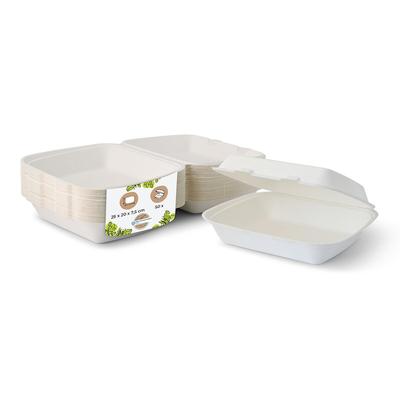 BIOZOYG 50 Stück weiße Speiseboxen, Menüboxen aus Zuckerrohr 25 x 20 x 7,5 cm Essen-To-Go-Boxen, Take Away Faltdeckelboxen, biologisch abbaubar