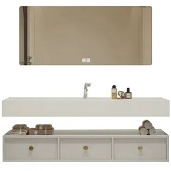 【R255】Badezimmer-Set, weißes thermogeformtes Waschbecken, LED-Spiegel, Schubladenschrank, inkl. Abflussgarnitur, wandhängendes Möbel 120×55 cm