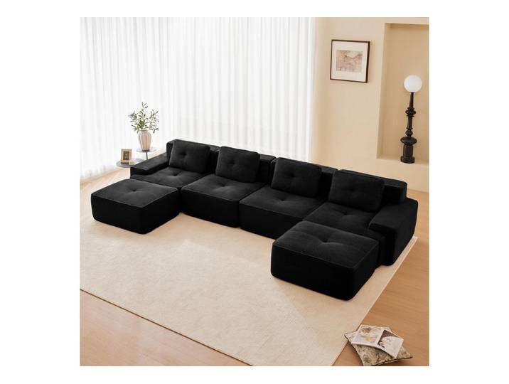 LuxusKollektion Wohnlandschaft Sofa 4Sitzer Modular Uförmig Ecksofa Schwarz 4-Sitzer-Sofa + 2 Hockern