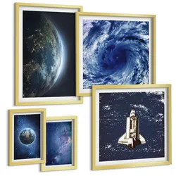 BILDER SET 5er Set - 50x50 cm & 20x30 cm & 40x60 cm Goldrahmen - Erde Weltraumsturm Galaxie