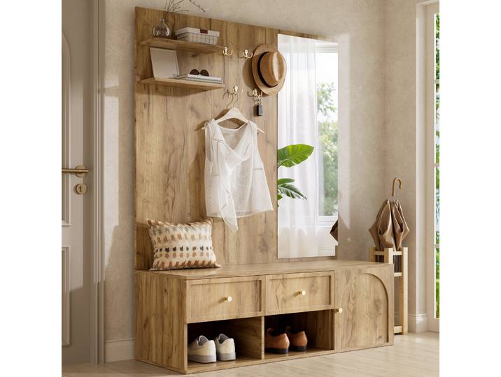 Garderobe D’entrée 120x35x159 Cm En Bois Naturel\, Avec Rangement\, Pour Entrée Floragrace