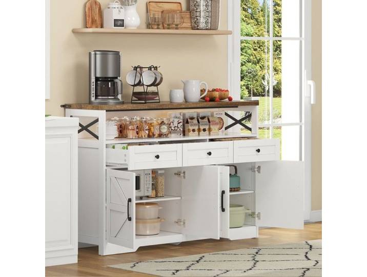 Buffet bar café rustique 140cm blanc/marron - 3 tiroirs - portes étagères réglables - multifonctionnel