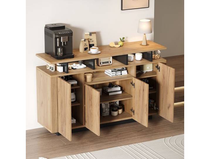 Buffet bahut - Becag - Buffet de salon moderne avec 4 portes - Buffet bas avec 3 compartiments ouverts - 140x40x85cm - Naturel