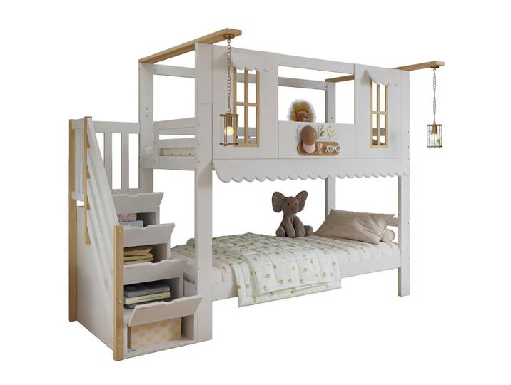 Modfu Etagenbett aus Kiefer und MDF 90x200 cm Weiß/Natur mit Aufbewahrungstreppe, Fensterdetails und Dachkante, Holz, 90x200 cm, Babymöbel & Kindermöbel, Kinderzimmer & Jugendzimmer, Stockbetten