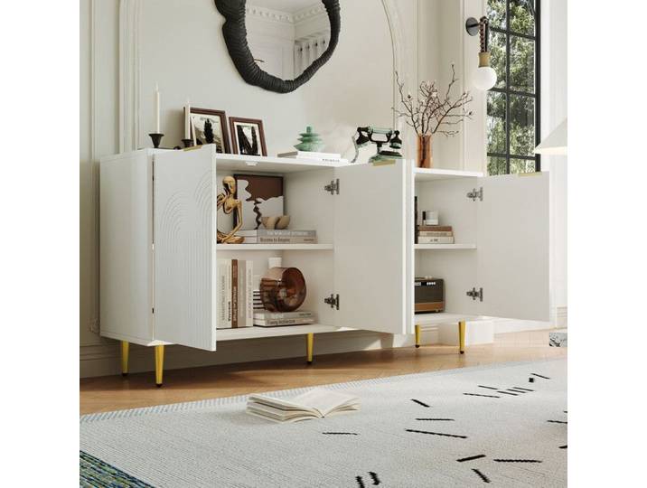 Buffet 160x40x80 cm avec 4 portes et poignées dorées Buffet de cuisine avec pieds brillants commode Buffet salon en blanc