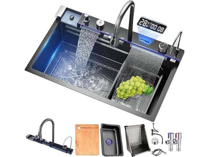TULAZOU Küchenspüle, T304 Edelstahlspüle, multifunktionale Küchenspüle, Wasserfall-Spüle, Einbauspüle mit multifunktionalem digitalen Wasserhahn und verschiedenen Zubehörteilen (80X45CM)
