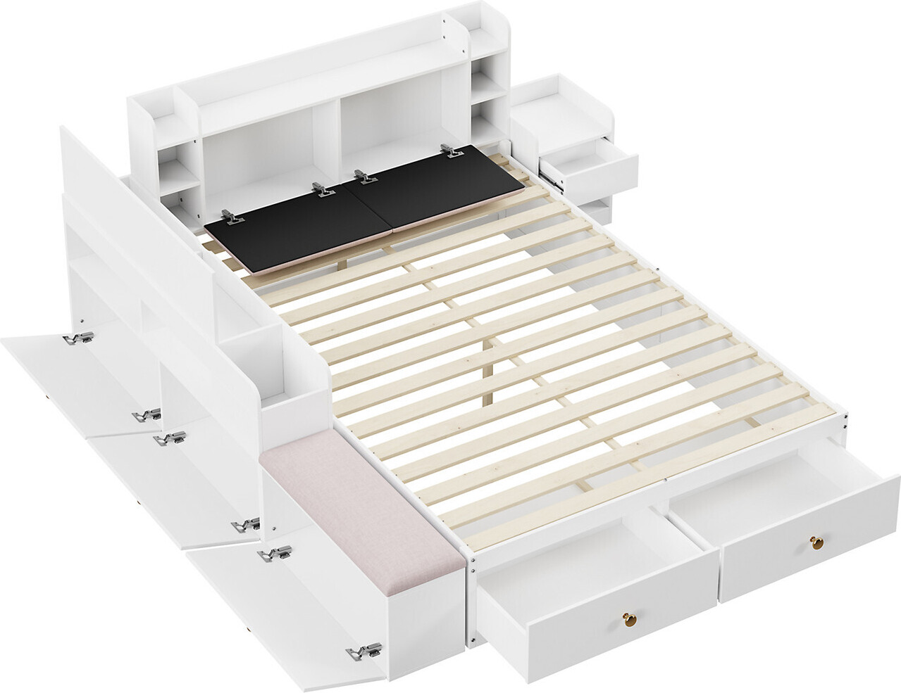 Massivholz-Kombi-Bett 140*200cm,Kopfteil mit eingebautem Staufach,mit Schubladen,mit Nachttisch, mit Stauraum-Langschrank,mit Sofabank,Stauraumbett