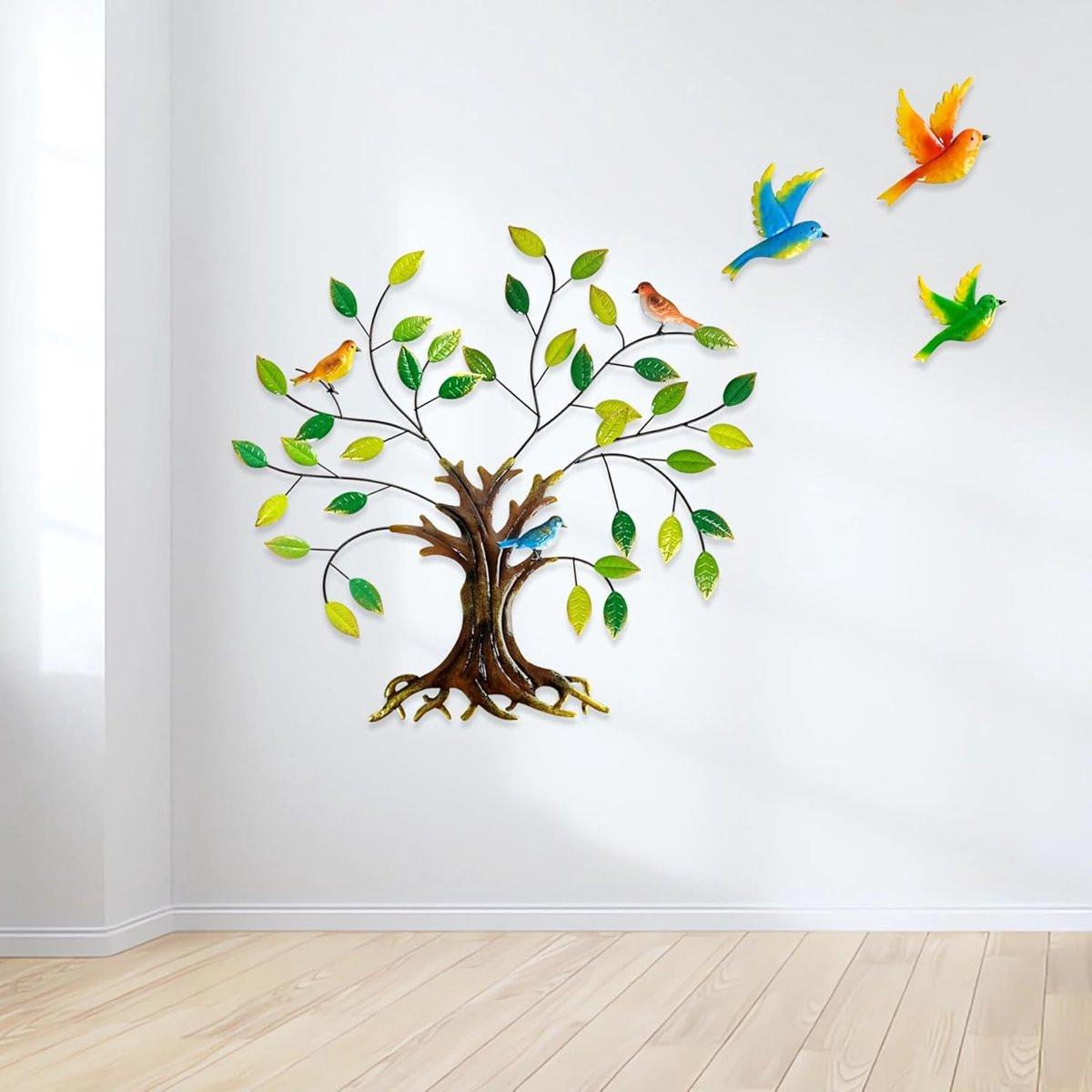 Luccyle Metalen wanddecoratie Tree of Life met groene bladeren en kolibries
