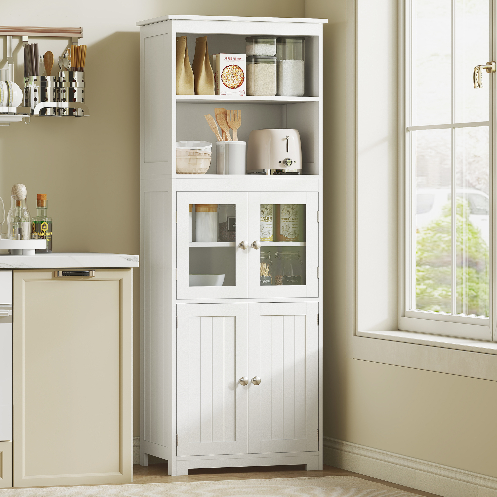 Homcom Mobile Dispensa con 2 Ripiani Aperti e 2 Armadietti con Ante, in MDF e Vetro, 60x30x162 cm, Bianco