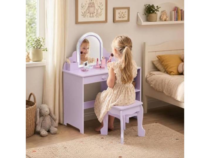 GarveeMore 2-in-1 Kinder Schminktisch Set Mit LED-Spiegel & Hocker, Lila Schreibtisch, viel Stauraum, Geschenk für Mädchen 3‑9Jahre, offene Regalen, Kinderzimmer, Spielzimmer