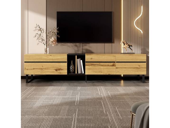 Meuble TV - KOMHTOM - 180x38x45 cm - 1 abattant - 2 portes - Pieds réglables