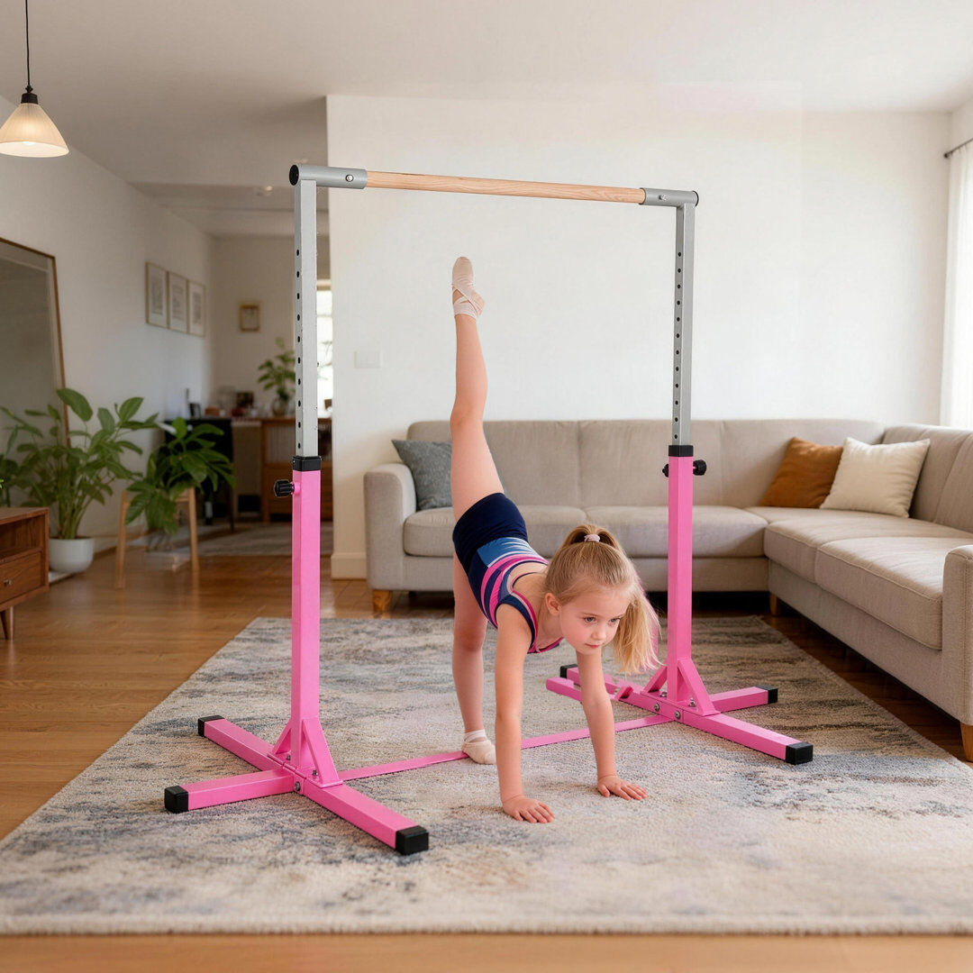 Freeport Park Foshee Gymnastics Bar 92-150 cm Height Adjustable for Kids Pink 92cm H X 194cm W X 121cm D;121