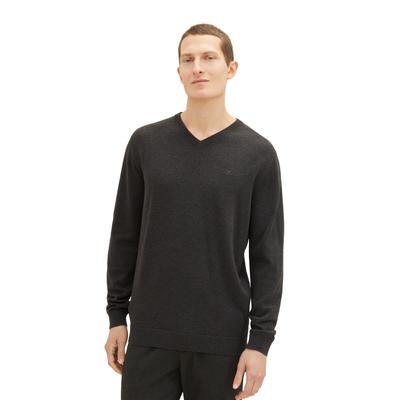 V-Ausschnitt-Pullover TOM TAILOR, Herren, Gr. XL, schwarz (schwarz grau melange), Strick, Obermaterial: 100% Baumwolle, meliert, regular fit normal, V-Ausschnitt, Rippbündchen, Pullover, mit kleiner Logo-Stickerei