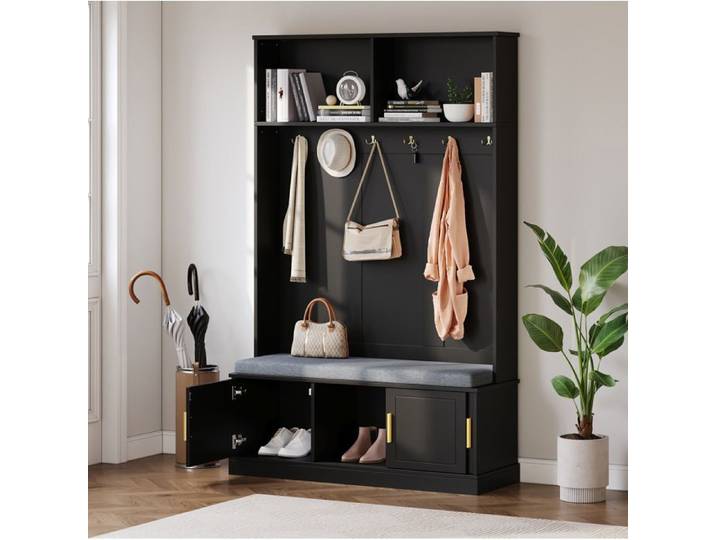 Vestiaire d'entrée 120x40x191 cm avec banc à chaussures 6 crochets et étagère ouverte noir