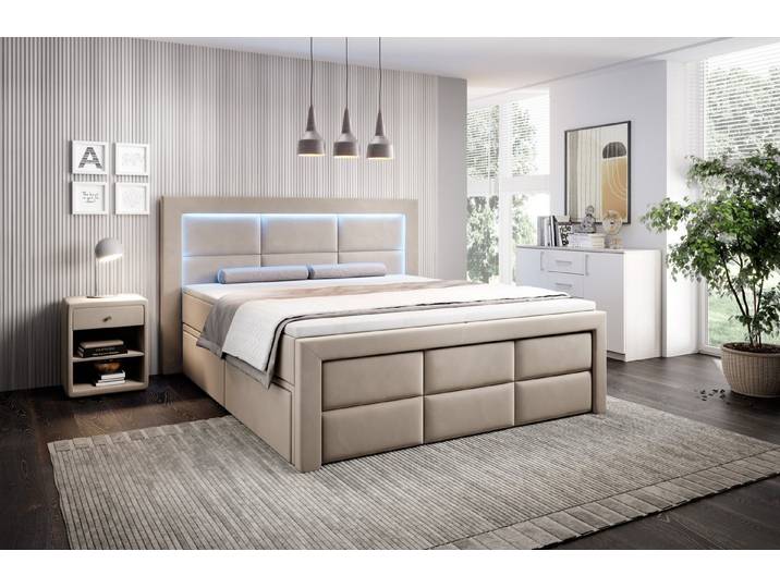 PROMETO Möbel Boxspringbett Schlafbett mit 2 Schubladen Bettkasten 180x200cm LED Beleuchtung (2 Schubladen, Taschenfederkernmatratze 7 Zonen, Topper)