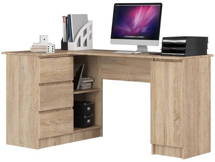 Grand bureau d'angle AKORD gauche B20 Chêne Sonoma 155 cm 1 porte 3 tiroirs façade Chêne Sonoma 4 étagères 155x85x77 cm