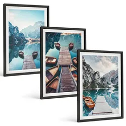 BILDER SET 3er Set - 40x60 cm Schwarzer Rahmen - Seebrücken, Boote, Frieden