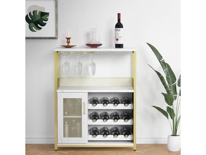 Litake Weinschrank und verstellbaren Einlegeböden, Kaffeebar-Schrank mit Gittertür und Lamellendesign, 91cm hoher Kleiner Bar-Schrank für zu Hause Küche Esszimmer Gold
