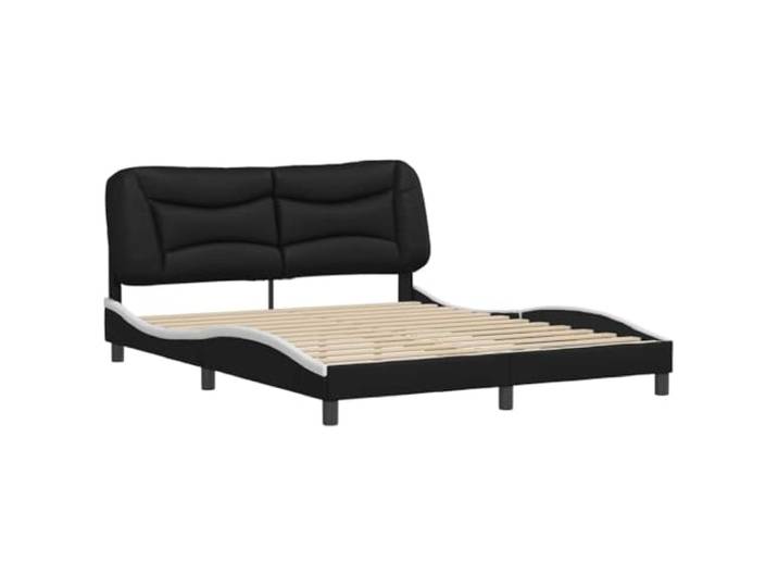 KTHLBRH Bettgestell Hvar Schwarz und Weiß 160 x 200 cm Kunstleder Mit gepolstertem Kopfteil, Latten aus Sperrholz, gewelltes Design, leicht zu reinigen