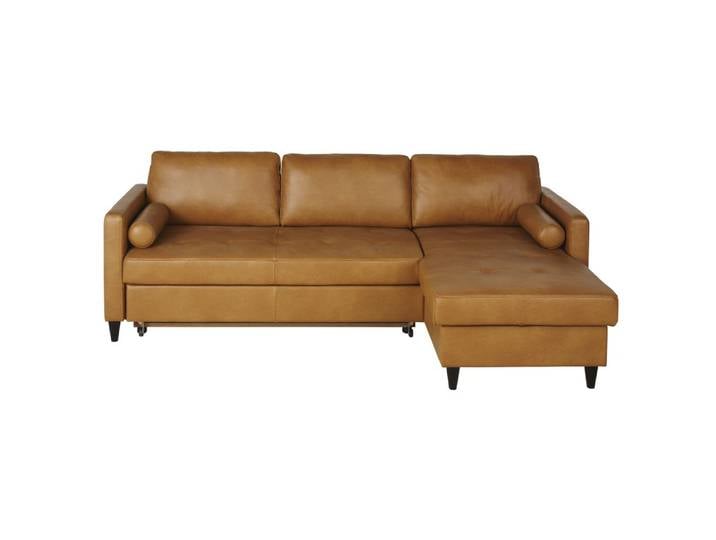 Ausziehbares 4/5-Sitzer-Ecksofa mit karamellfarbenem Lederbezug