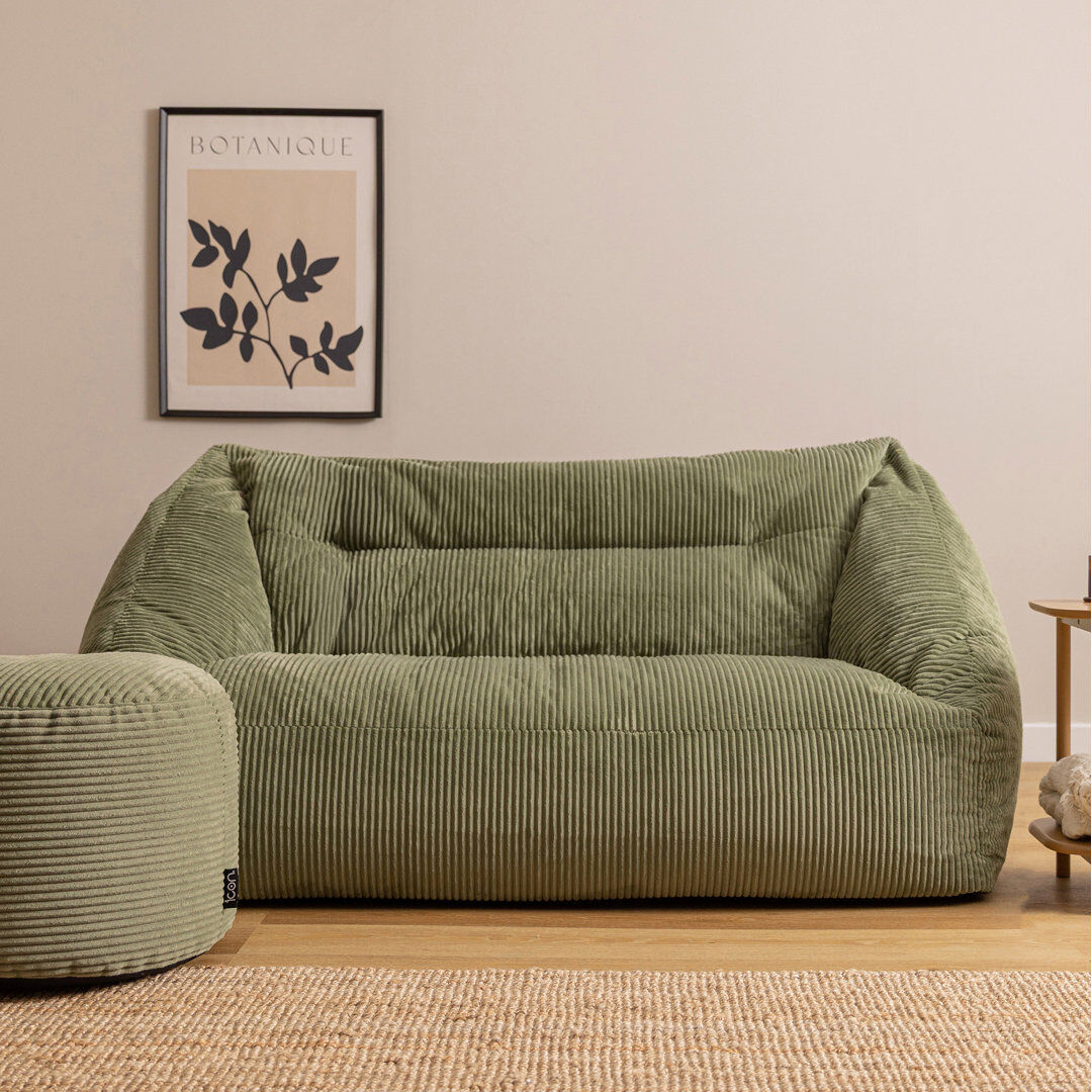 icon Cecilia Corduroy Two Seater Sofa Bean Bag and Round Footstool, Grey Green Large
