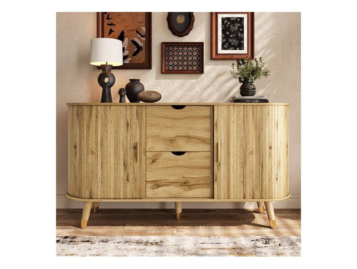 Fine Life Pro Sideboard Sideboard mit vertikaler Maserung, 2 Schiebetüren, 2 Schubladen, Massivholzbeine, abgerundete Ecken, für Wohnzimmer