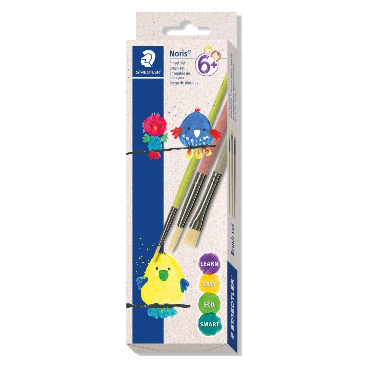 Staedtler Synthetikhaarpinsel-Set Noris, 3-teilig farbige Stiele aus Recyclat-Material, mit Metallzwinge (989R-S BK3)