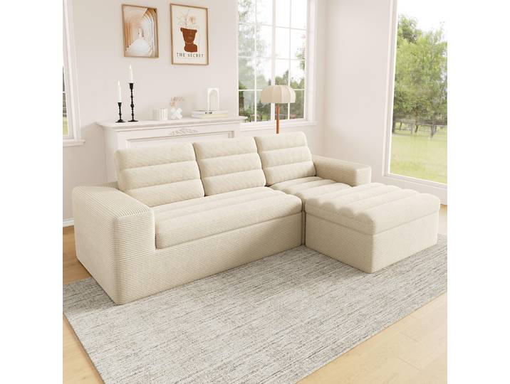 okwish Wohnzimmersofa mit Armlehnen, rahmenloses Design,Ecksofa rei kombinierbar,Cordstoff,Modulares Sofa in Beige