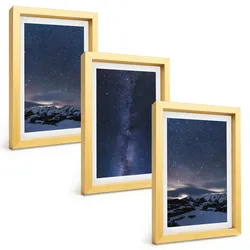 BILDER SET 3er Set - 20x30 cm Goldrahmen - Nachthimmel, Berge, Sterne