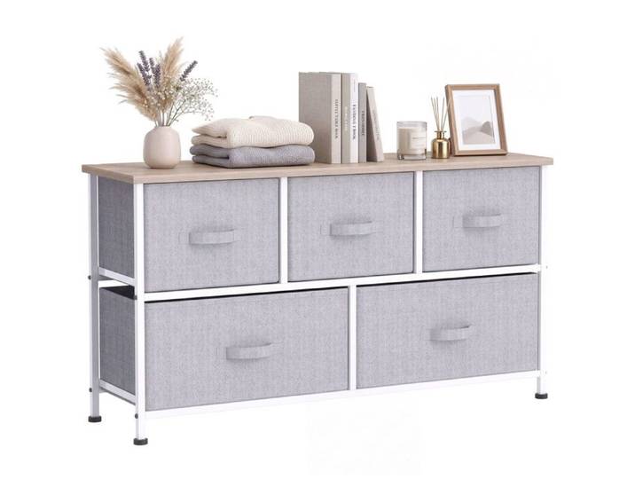 CollaHausse Commode 5 Tiroirs en Tissu Grise avec Cadre Métallique 100x30x54 cm