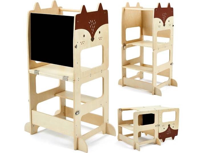 Tour d'apprentissage pour Enfants, Montessori Tour d'observation avec Tableau Noir, Multifonction 2 en 1 Convertible en Bureau, 12 Mois à 6 Ans